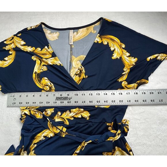 Gilli Women Navy Gold Baroque Print Short Sleeve Wrap Maxi Dress Small Tie-Waist - Picture 6 of 9